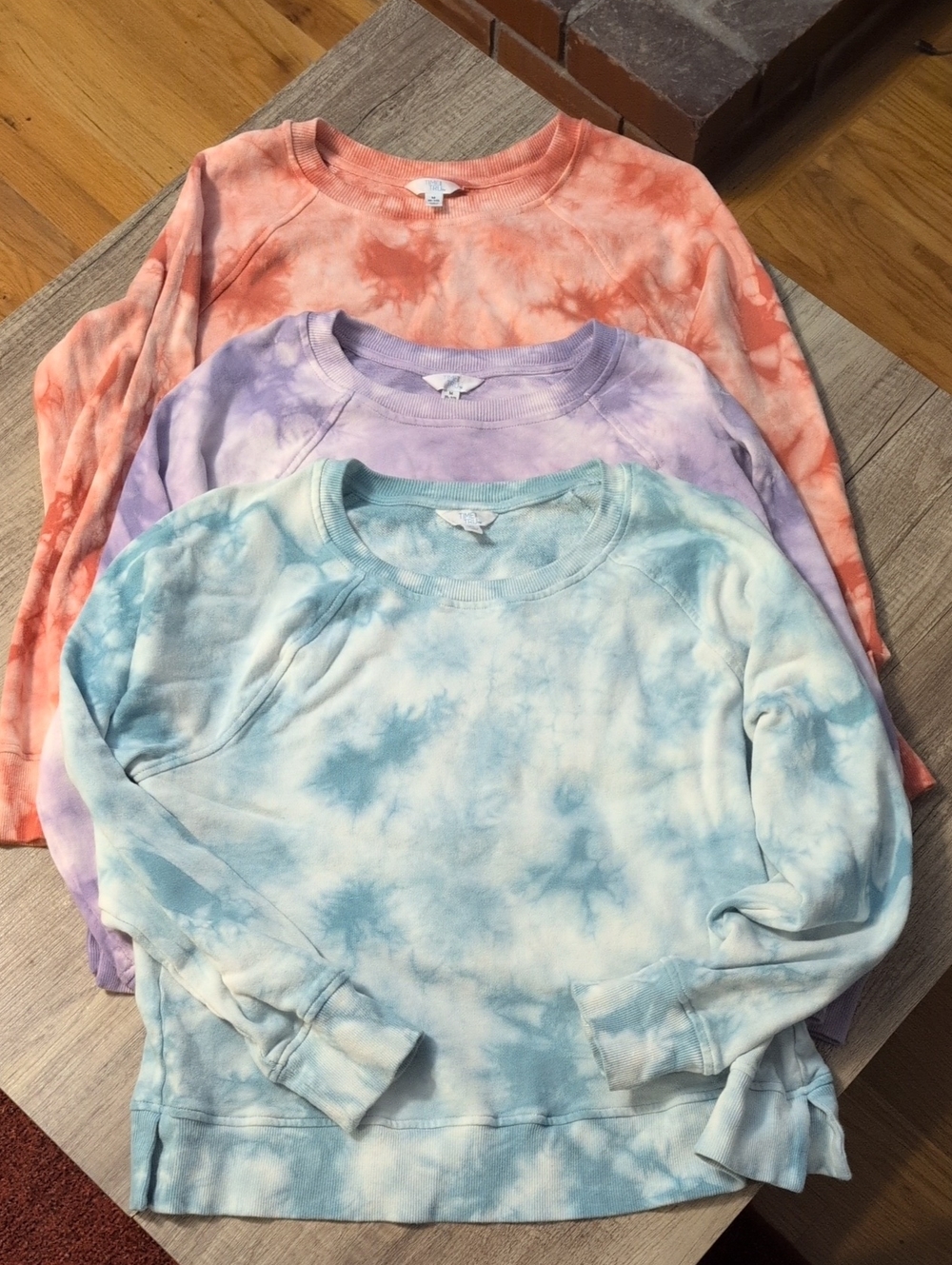 Time and Tru Pastel Tie-Dye Crewneck Sweatshirt Trio - Coral, Lavender, Sky Blue